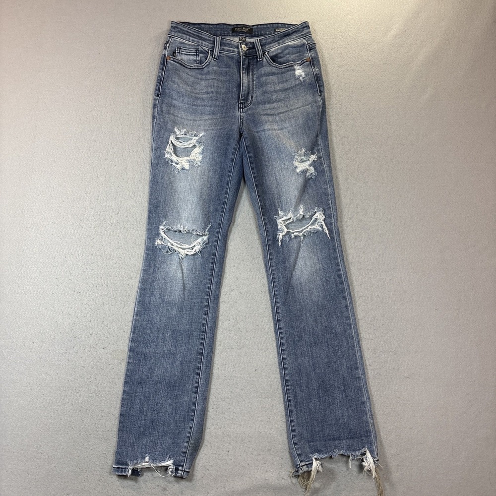 Judy Blue Straight Fit Distressed Jeans Women 5 Blue Mid Rise Stretch Raw Hem